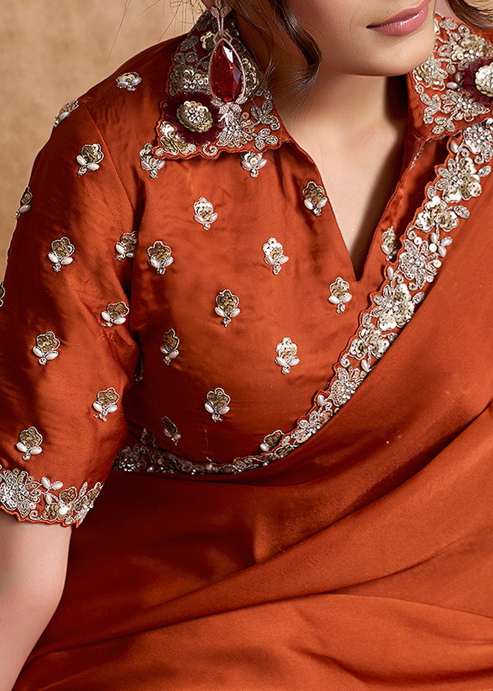 Buy Now Rust Orange Embroidered Wedding Festive Wear Saree Online in US, UK, Canada, France, Germany, Denmark, Netherland, Sweden, UAE & Worldwide at Empress.