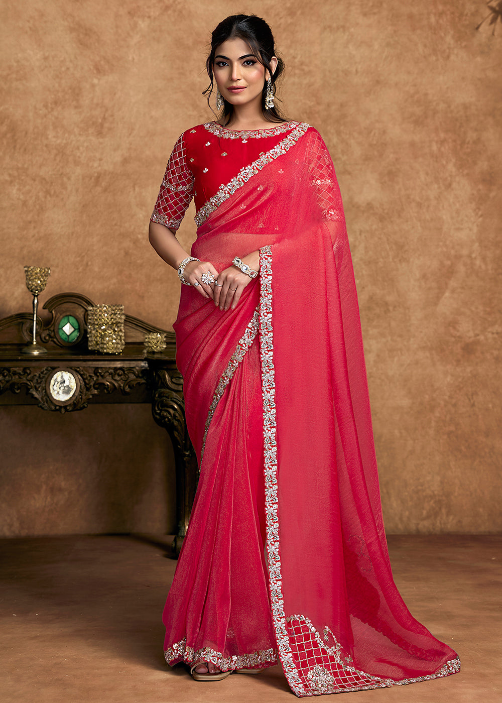Buy Now Gajari Pink Embroidered Wedding Festive Wear Saree Online in US, UK, Canada, France, Germany, Denmark, Netherland, Sweden, UAE & Worldwide at Empress.