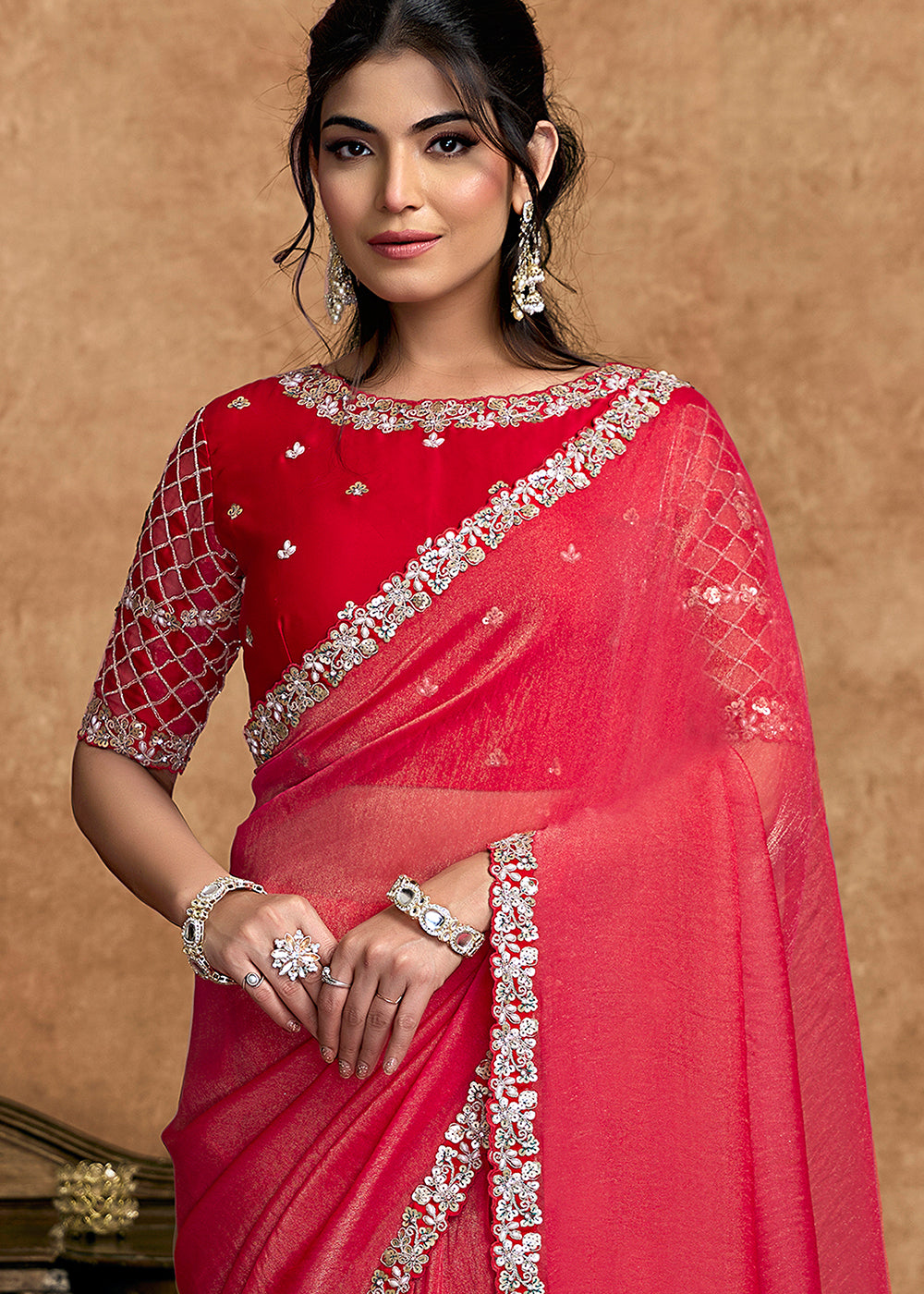 Buy Now Gajari Pink Embroidered Wedding Festive Wear Saree Online in US, UK, Canada, France, Germany, Denmark, Netherland, Sweden, UAE & Worldwide at Empress.