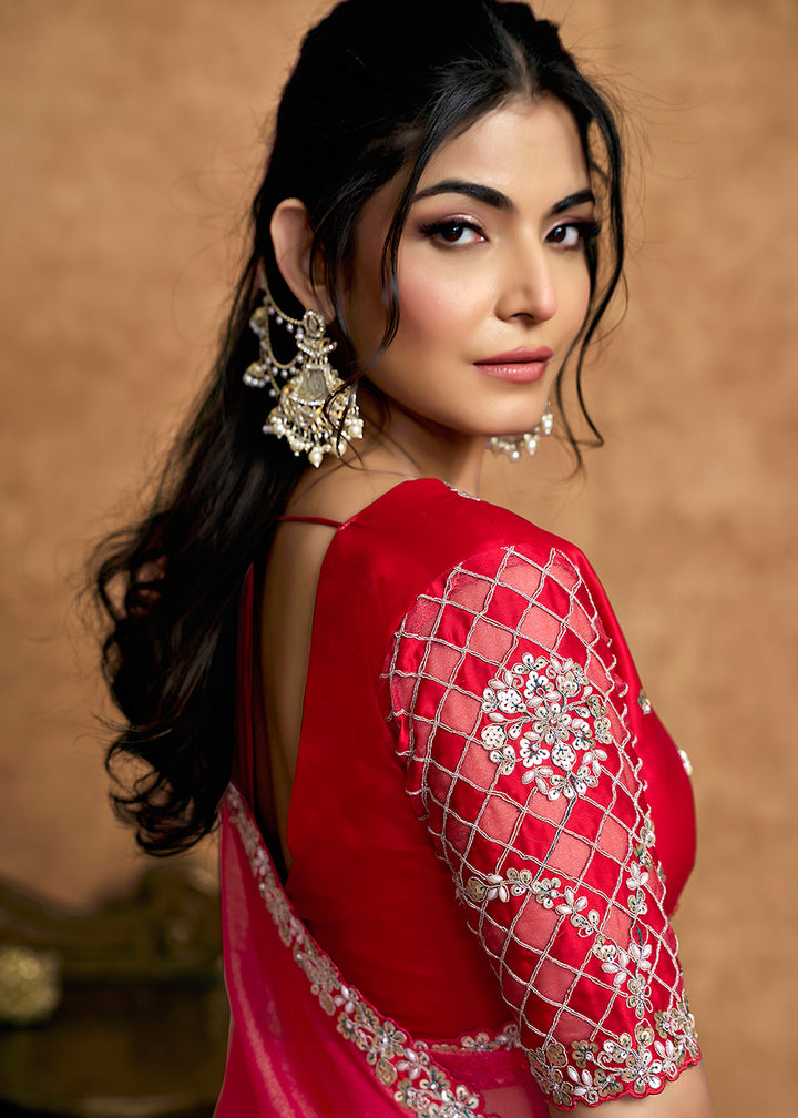 Buy Now Gajari Pink Embroidered Wedding Festive Wear Saree Online in US, UK, Canada, France, Germany, Denmark, Netherland, Sweden, UAE & Worldwide at Empress.