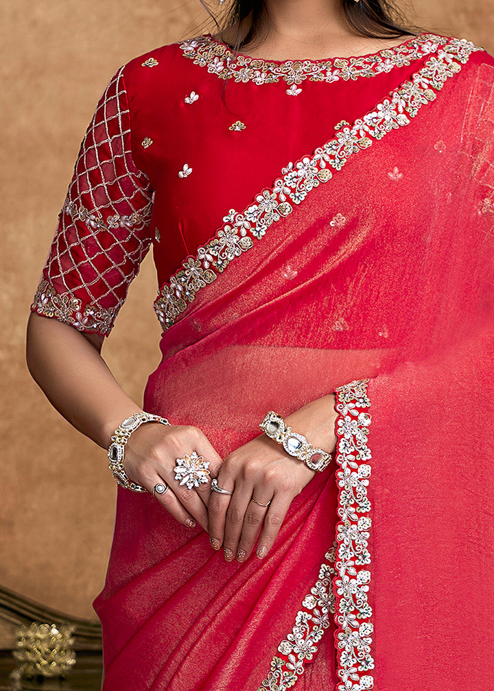 Buy Now Gajari Pink Embroidered Wedding Festive Wear Saree Online in US, UK, Canada, France, Germany, Denmark, Netherland, Sweden, UAE & Worldwide at Empress.