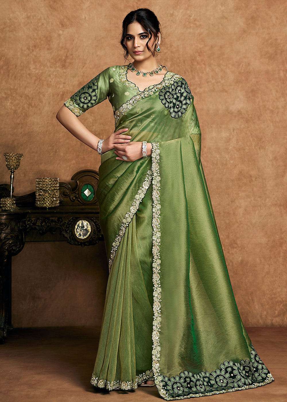 Buy Now Sage Green Embroidered Wedding Festive Wear Saree Online in US, UK, Canada, France, Germany, Denmark, Netherland, Sweden, UAE & Worldwide at Empress.