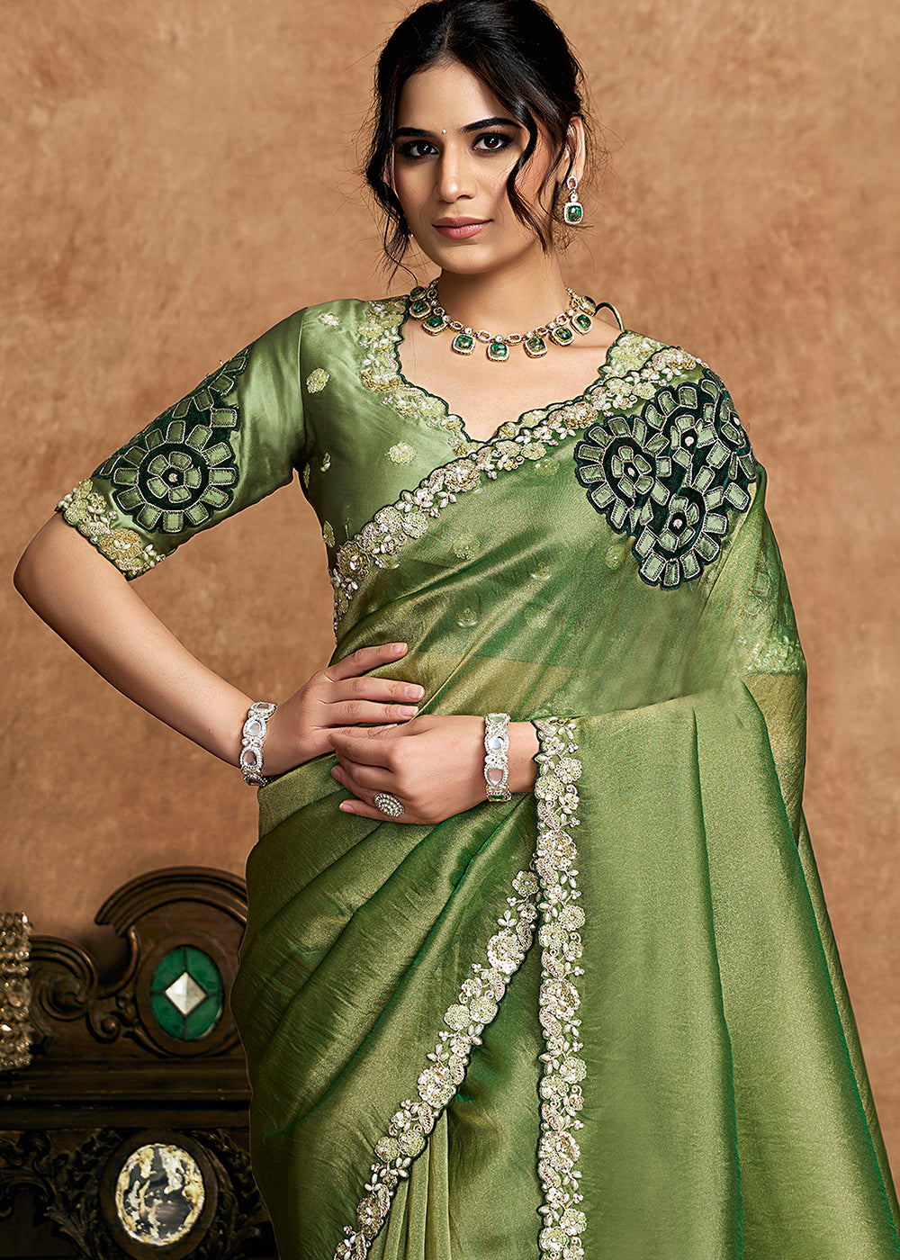 Buy Now Sage Green Embroidered Wedding Festive Wear Saree Online in US, UK, Canada, France, Germany, Denmark, Netherland, Sweden, UAE & Worldwide at Empress.