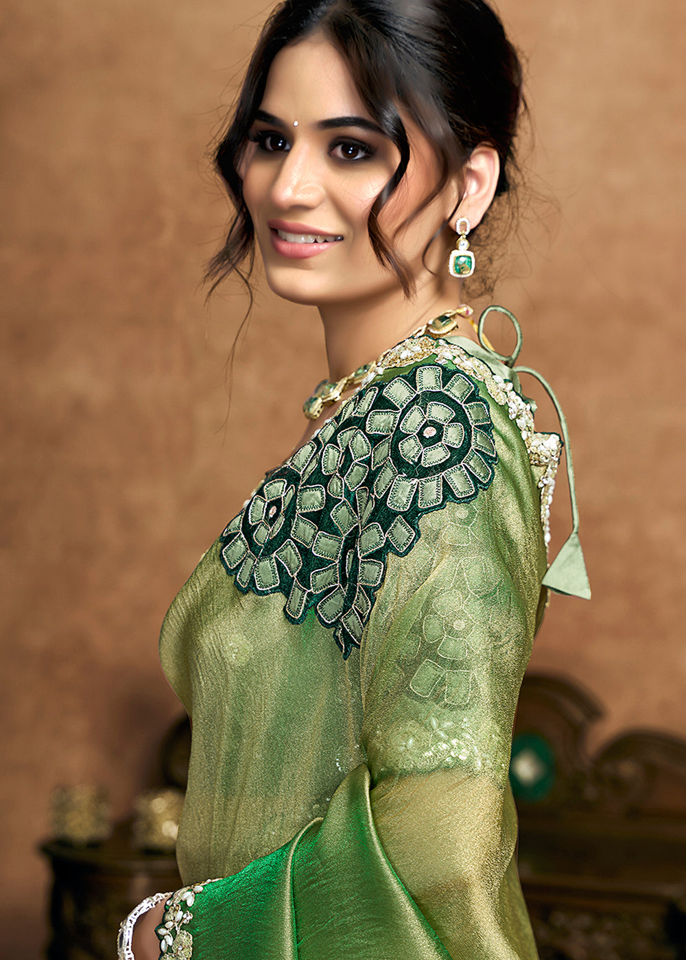 Buy Now Sage Green Embroidered Wedding Festive Wear Saree Online in US, UK, Canada, France, Germany, Denmark, Netherland, Sweden, UAE & Worldwide at Empress.