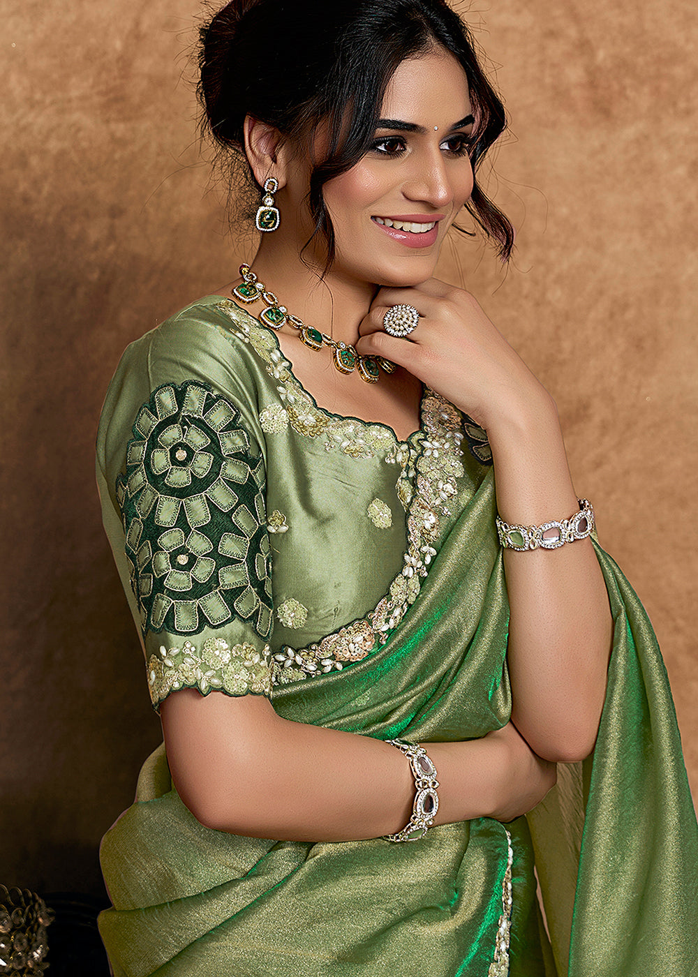 Buy Now Sage Green Embroidered Wedding Festive Wear Saree Online in US, UK, Canada, France, Germany, Denmark, Netherland, Sweden, UAE & Worldwide at Empress.