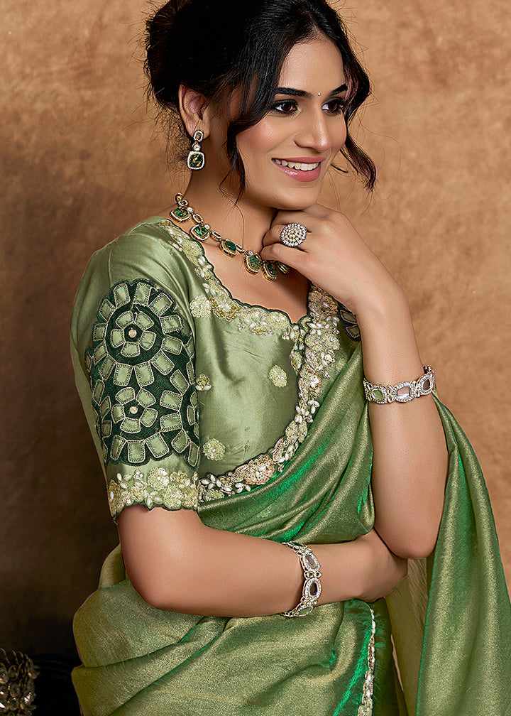 Buy Now Sage Green Embroidered Wedding Festive Wear Saree Online in US, UK, Canada, France, Germany, Denmark, Netherland, Sweden, UAE & Worldwide at Empress.