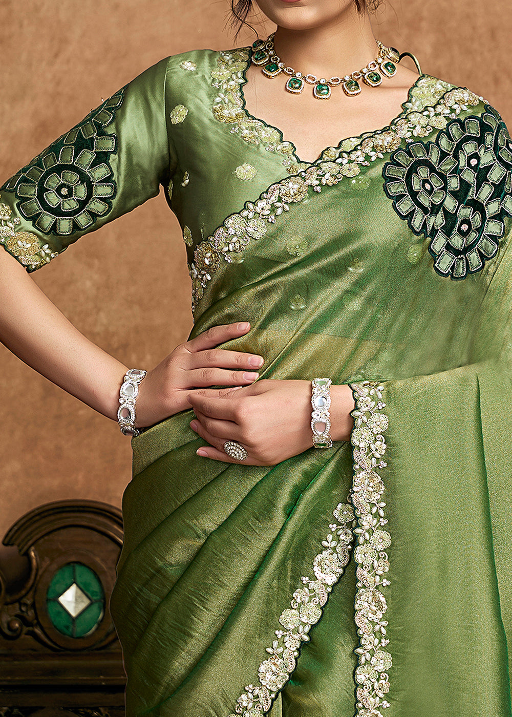 Buy Now Sage Green Embroidered Wedding Festive Wear Saree Online in US, UK, Canada, France, Germany, Denmark, Netherland, Sweden, UAE & Worldwide at Empress.