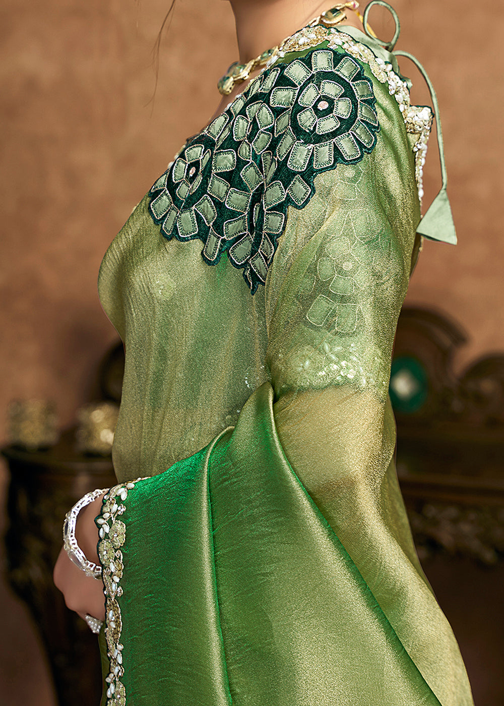 Buy Now Sage Green Embroidered Wedding Festive Wear Saree Online in US, UK, Canada, France, Germany, Denmark, Netherland, Sweden, UAE & Worldwide at Empress.
