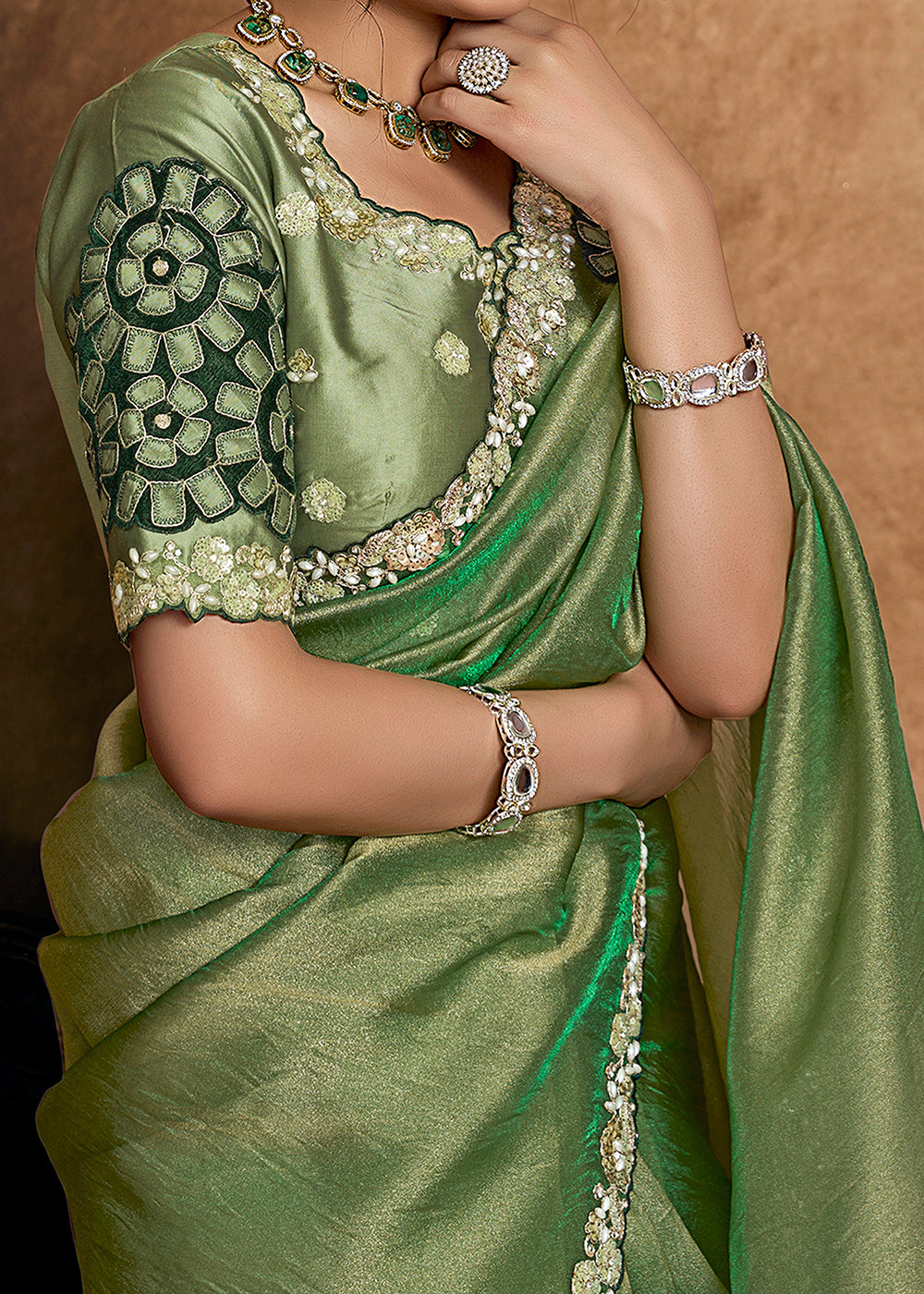 Buy Now Sage Green Embroidered Wedding Festive Wear Saree Online in US, UK, Canada, France, Germany, Denmark, Netherland, Sweden, UAE & Worldwide at Empress.