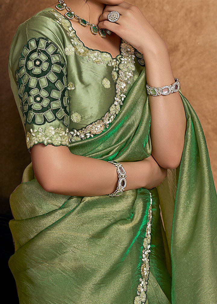 Buy Now Sage Green Embroidered Wedding Festive Wear Saree Online in US, UK, Canada, France, Germany, Denmark, Netherland, Sweden, UAE & Worldwide at Empress.
