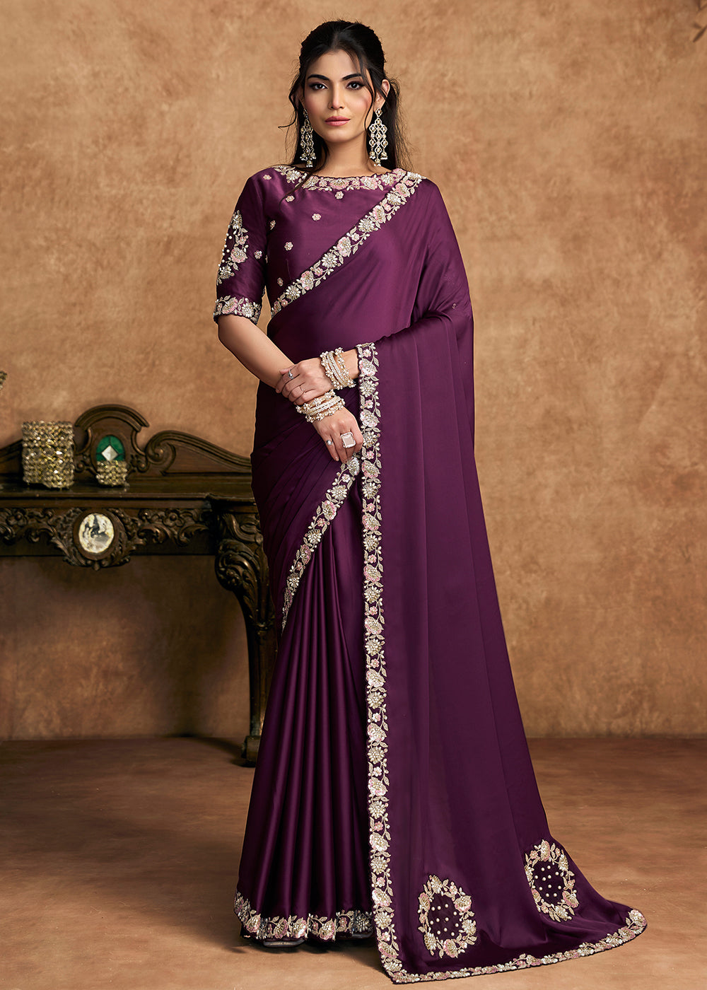 Buy Now Purple Wine Embroidered Wedding Festive Wear Saree Online in US, UK, Canada, France, Germany, Denmark, Netherland, Sweden, UAE & Worldwide at Empress.