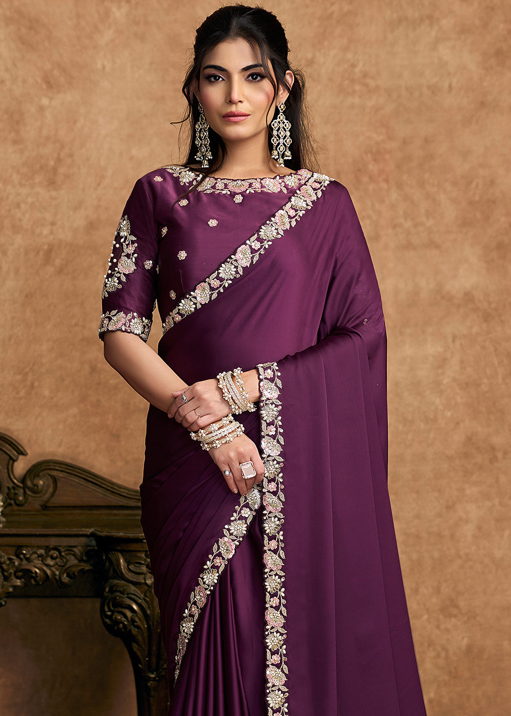 Buy Now Purple Wine Embroidered Wedding Festive Wear Saree Online in US, UK, Canada, France, Germany, Denmark, Netherland, Sweden, UAE & Worldwide at Empress.