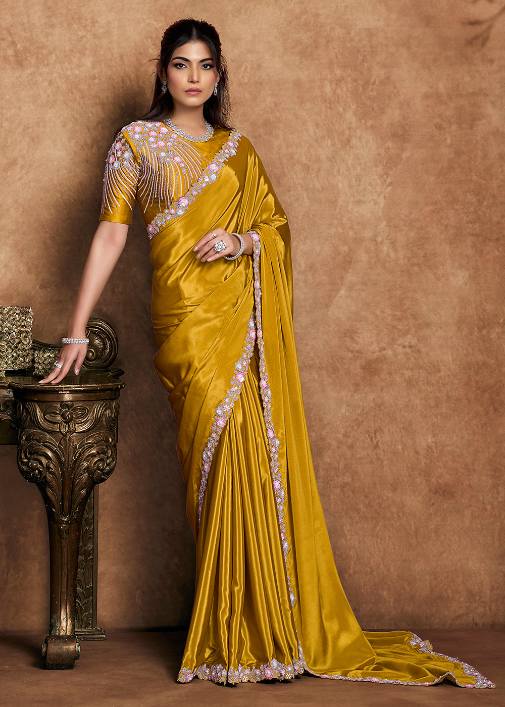 Buy Now Mustard Yellow Embroidered Wedding Festive Wear Saree Online in US, UK, Canada, France, Germany, Denmark, Netherland, Sweden, UAE & Worldwide at Empress.
