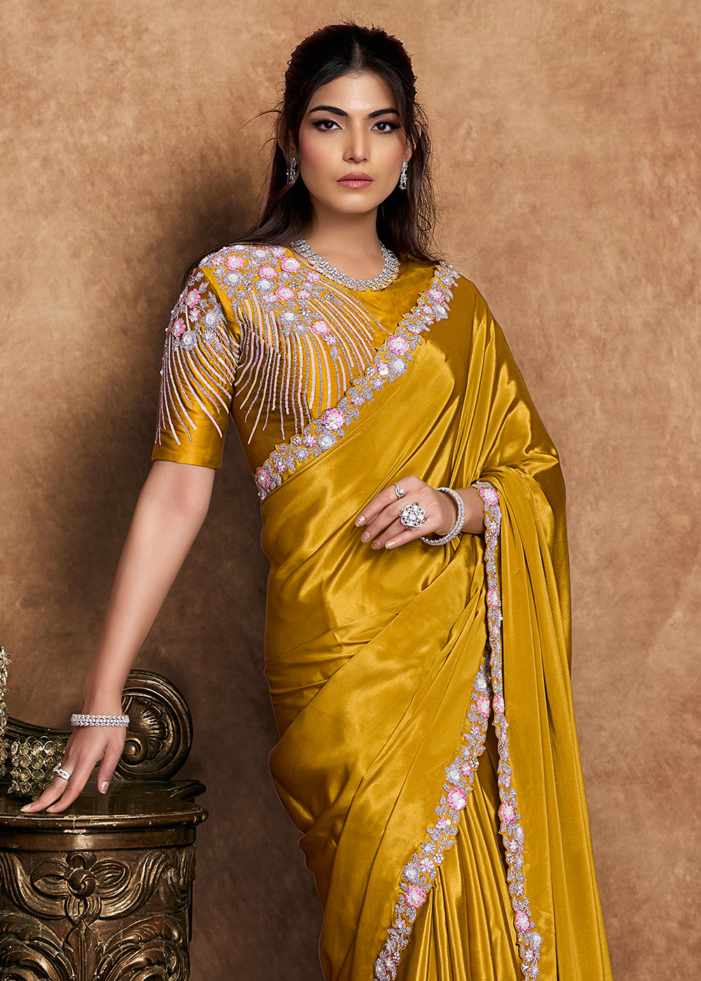 Buy Now Mustard Yellow Embroidered Wedding Festive Wear Saree Online in US, UK, Canada, France, Germany, Denmark, Netherland, Sweden, UAE & Worldwide at Empress.