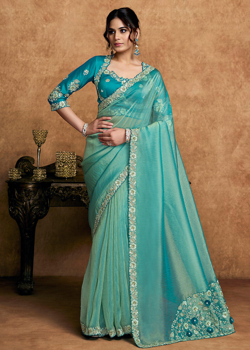 Buy Now Aqua Blue Embroidered Wedding Festive Wear Saree Online in US, UK, Canada, France, Germany, Denmark, Netherland, Sweden, UAE & Worldwide at Empress.