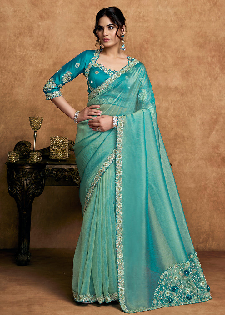 Buy Now Aqua Blue Embroidered Wedding Festive Wear Saree Online in US, UK, Canada, France, Germany, Denmark, Netherland, Sweden, UAE & Worldwide at Empress.