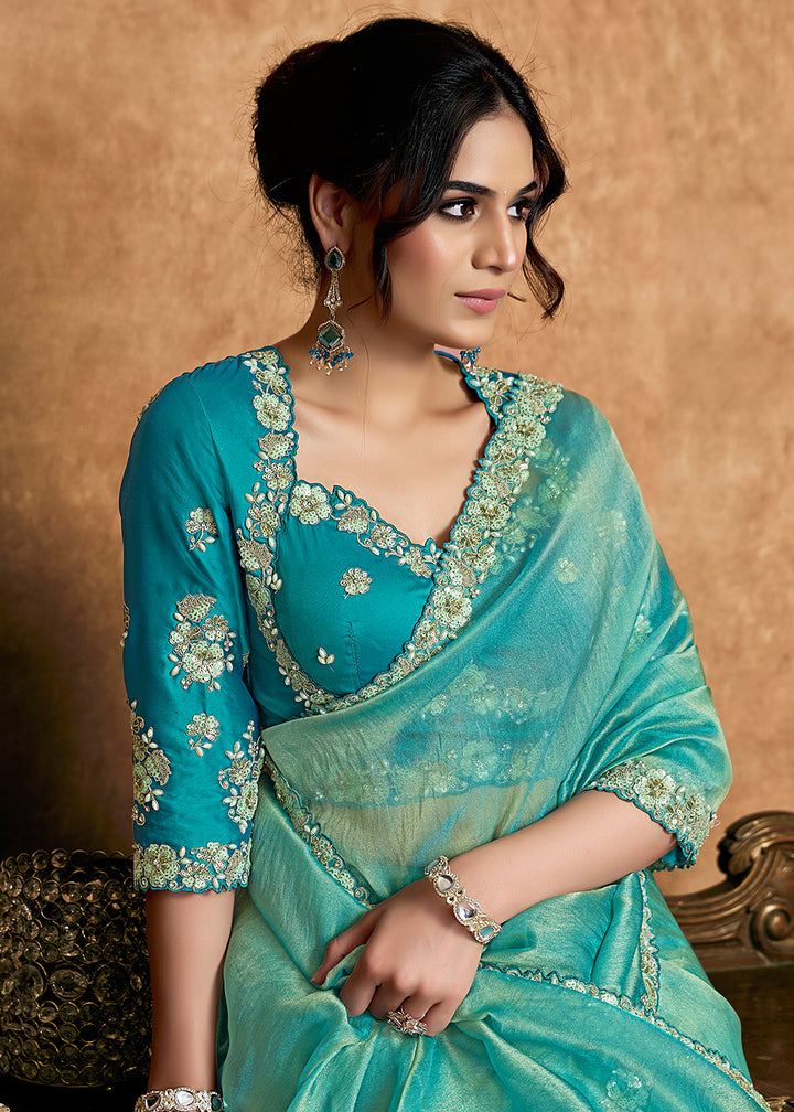 Buy Now Aqua Blue Embroidered Wedding Festive Wear Saree Online in US, UK, Canada, France, Germany, Denmark, Netherland, Sweden, UAE & Worldwide at Empress.
