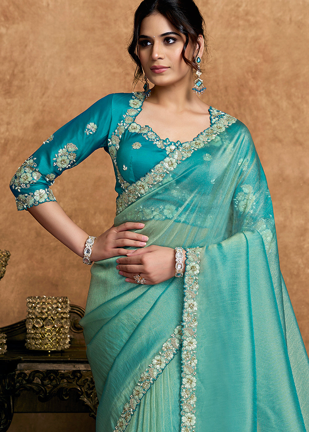 Buy Now Aqua Blue Embroidered Wedding Festive Wear Saree Online in US, UK, Canada, France, Germany, Denmark, Netherland, Sweden, UAE & Worldwide at Empress.
