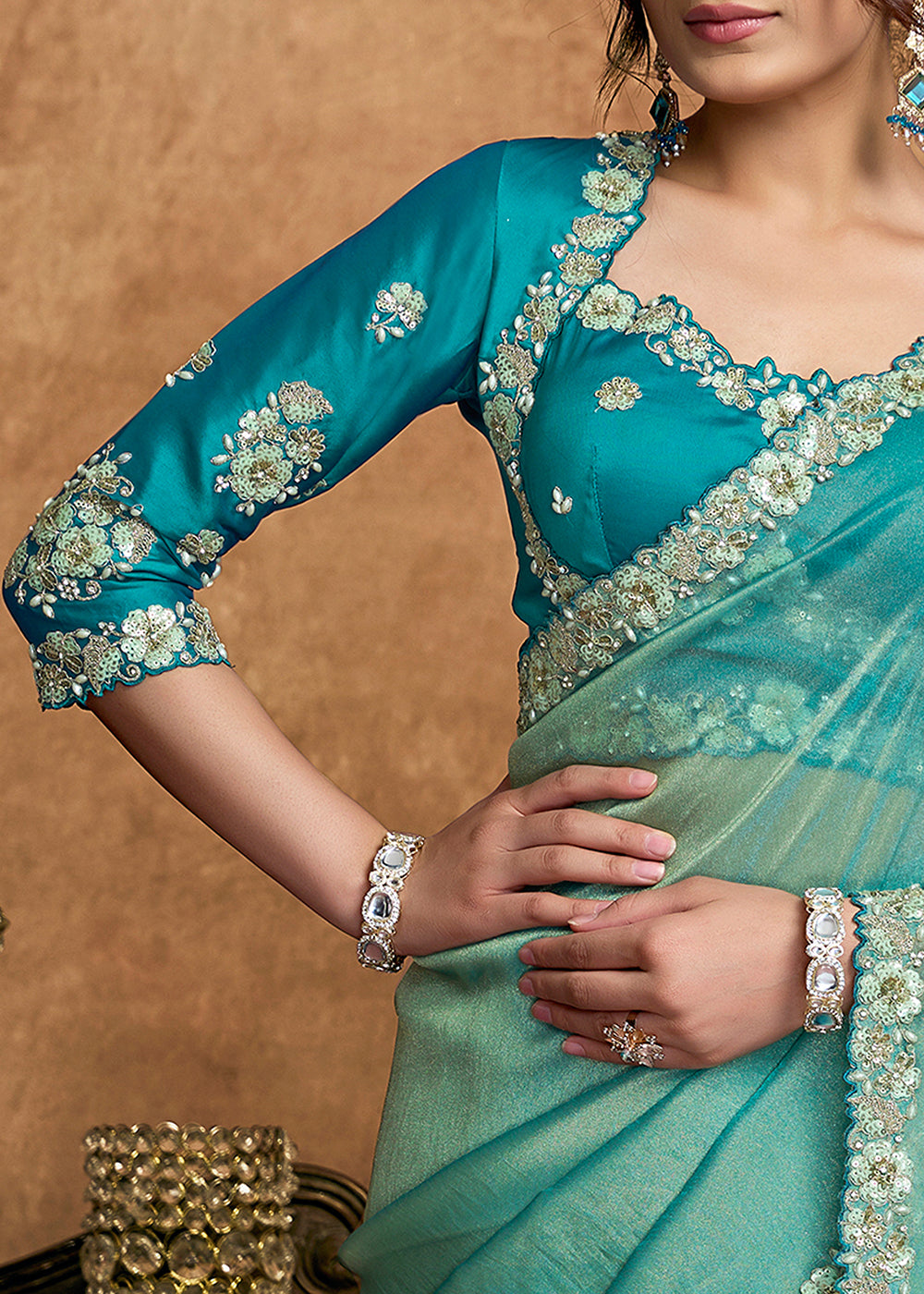 Buy Now Aqua Blue Embroidered Wedding Festive Wear Saree Online in US, UK, Canada, France, Germany, Denmark, Netherland, Sweden, UAE & Worldwide at Empress.