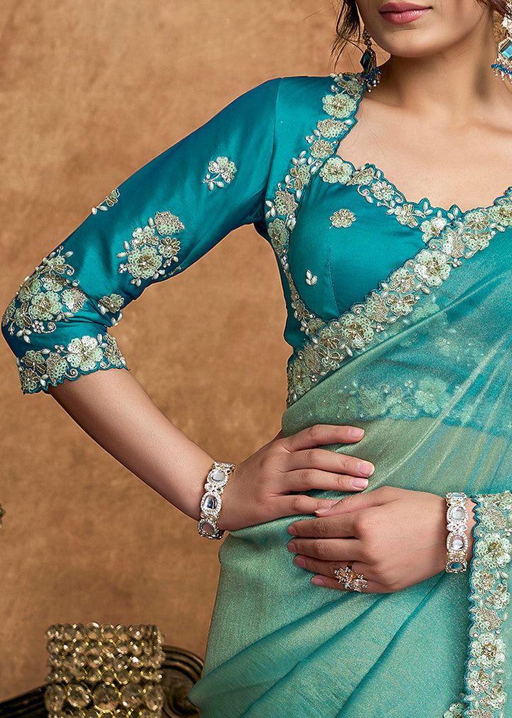 Buy Now Aqua Blue Embroidered Wedding Festive Wear Saree Online in US, UK, Canada, France, Germany, Denmark, Netherland, Sweden, UAE & Worldwide at Empress.