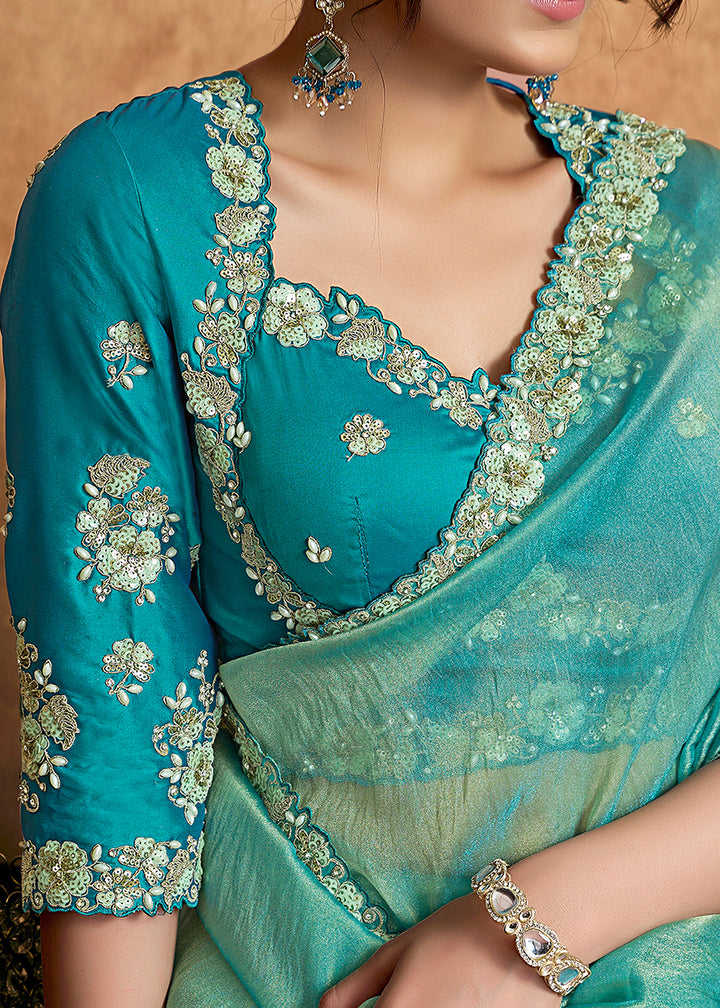Buy Now Aqua Blue Embroidered Wedding Festive Wear Saree Online in US, UK, Canada, France, Germany, Denmark, Netherland, Sweden, UAE & Worldwide at Empress.
