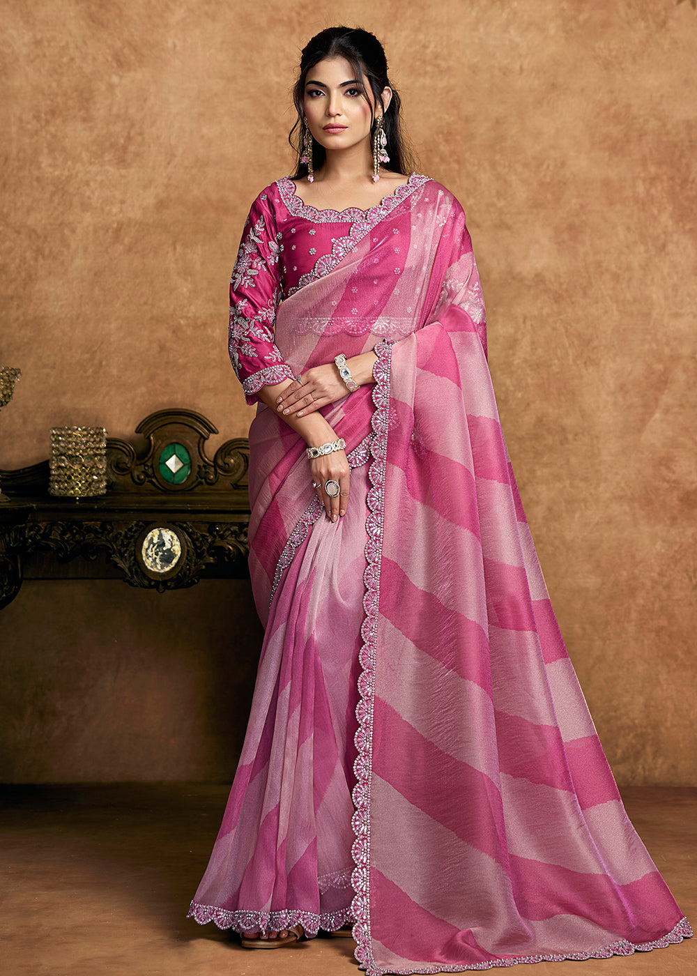 Buy Now Rani Pink Embroidered Wedding Festive Wear Saree Online in US, UK, Canada, France, Germany, Denmark, Netherland, Sweden, UAE & Worldwide at Empress.
