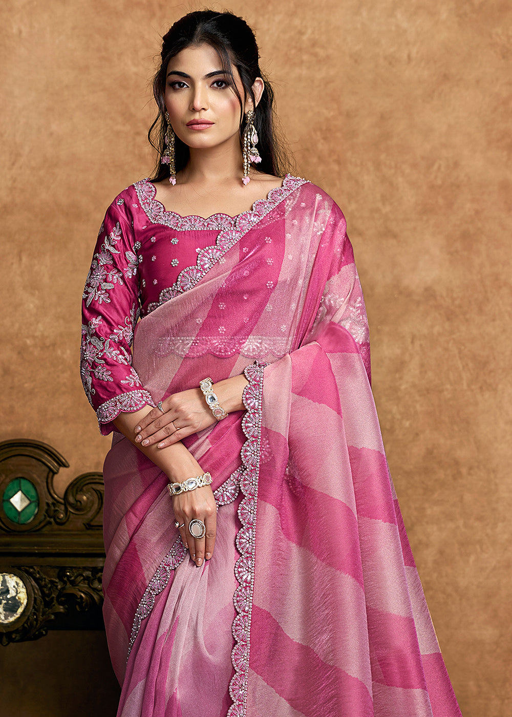Buy Now Rani Pink Embroidered Wedding Festive Wear Saree Online in US, UK, Canada, France, Germany, Denmark, Netherland, Sweden, UAE & Worldwide at Empress.