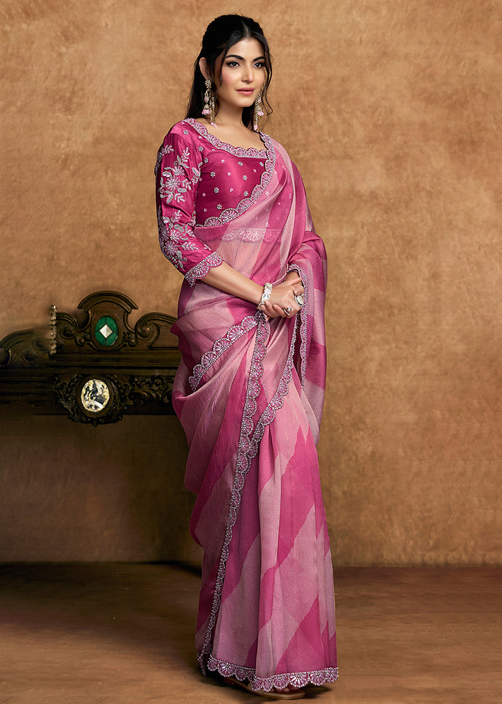 Buy Now Rani Pink Embroidered Wedding Festive Wear Saree Online in US, UK, Canada, France, Germany, Denmark, Netherland, Sweden, UAE & Worldwide at Empress.