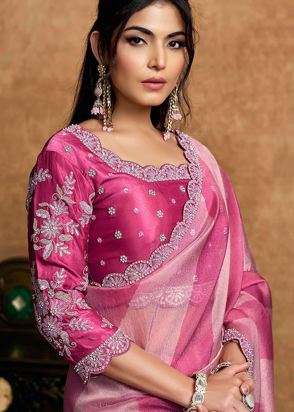 Buy Now Rani Pink Embroidered Wedding Festive Wear Saree Online in US, UK, Canada, France, Germany, Denmark, Netherland, Sweden, UAE & Worldwide at Empress.
