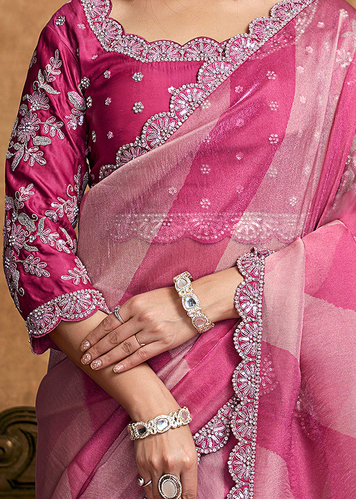 Buy Now Rani Pink Embroidered Wedding Festive Wear Saree Online in US, UK, Canada, France, Germany, Denmark, Netherland, Sweden, UAE & Worldwide at Empress.