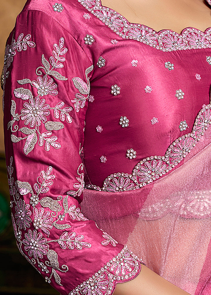 Buy Now Rani Pink Embroidered Wedding Festive Wear Saree Online in US, UK, Canada, France, Germany, Denmark, Netherland, Sweden, UAE & Worldwide at Empress.