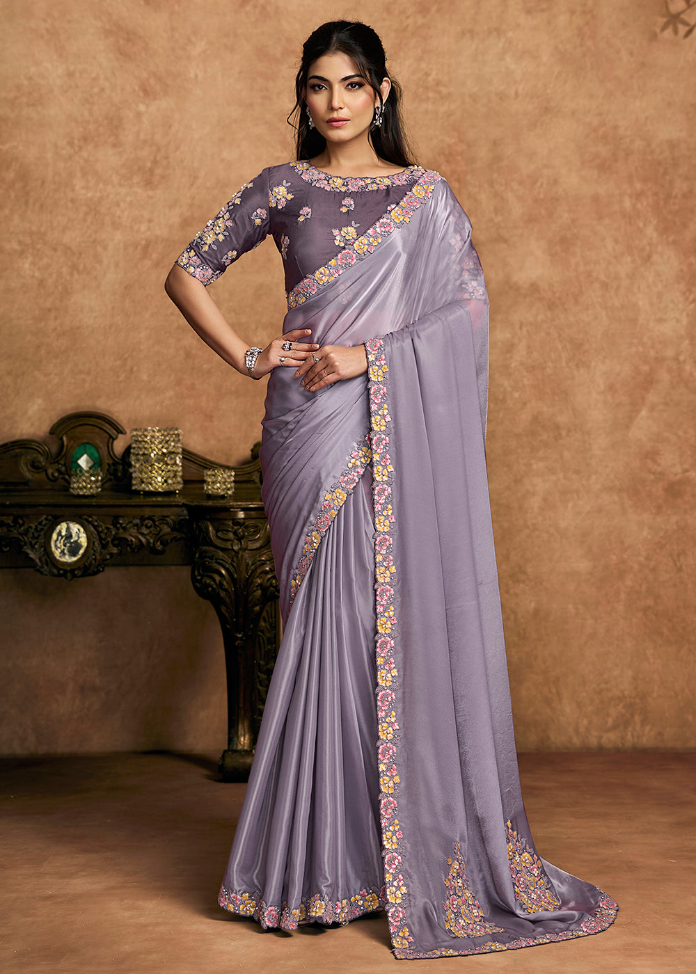 Buy Now Light Lilac Embroidered Wedding Festive Wear Saree Online in US, UK, Canada, France, Germany, Denmark, Netherland, Sweden, UAE & Worldwide at Empress.