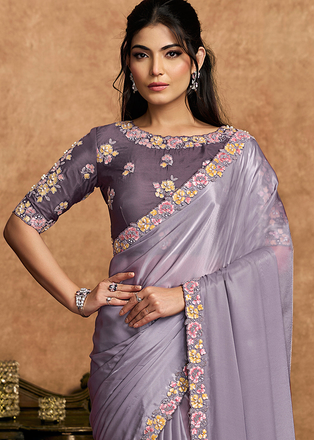 Buy Now Light Lilac Embroidered Wedding Festive Wear Saree Online in US, UK, Canada, France, Germany, Denmark, Netherland, Sweden, UAE & Worldwide at Empress.