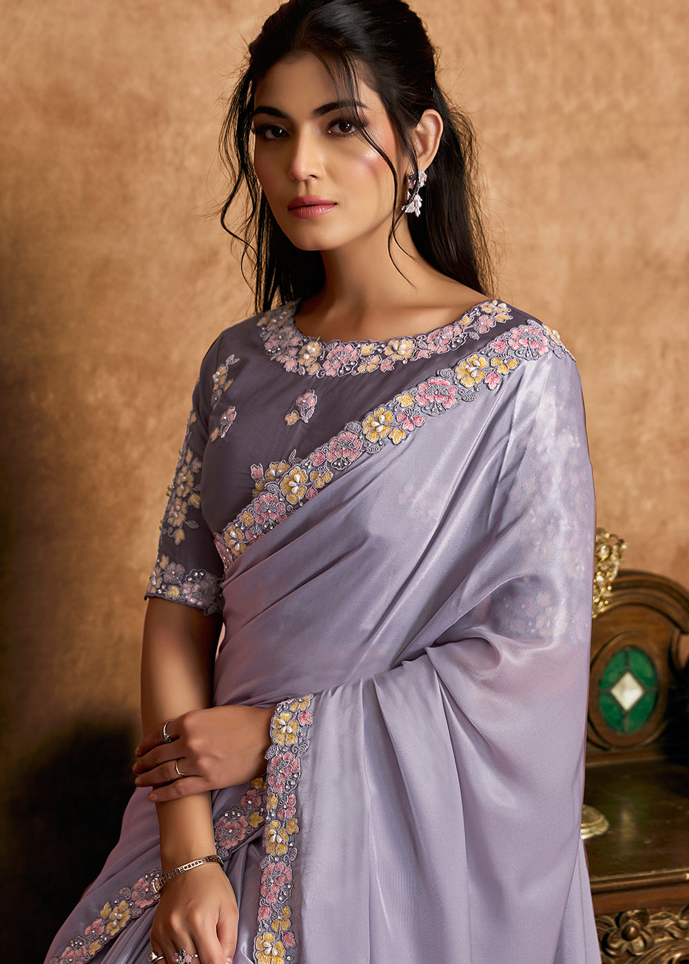 Buy Now Light Lilac Embroidered Wedding Festive Wear Saree Online in US, UK, Canada, France, Germany, Denmark, Netherland, Sweden, UAE & Worldwide at Empress.