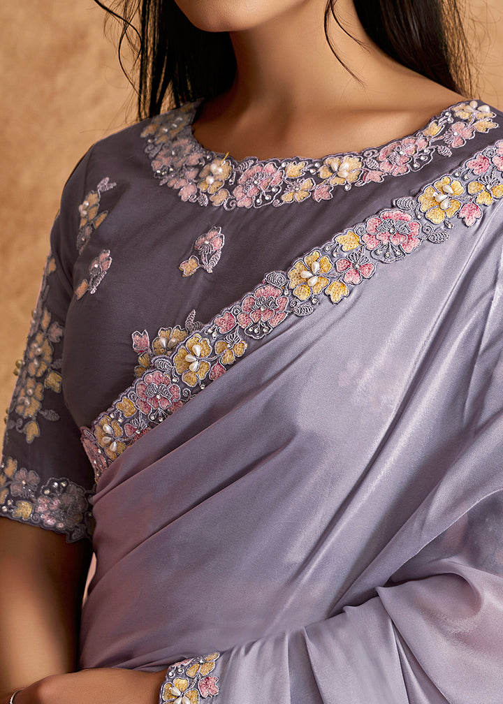 Buy Now Light Lilac Embroidered Wedding Festive Wear Saree Online in US, UK, Canada, France, Germany, Denmark, Netherland, Sweden, UAE & Worldwide at Empress.