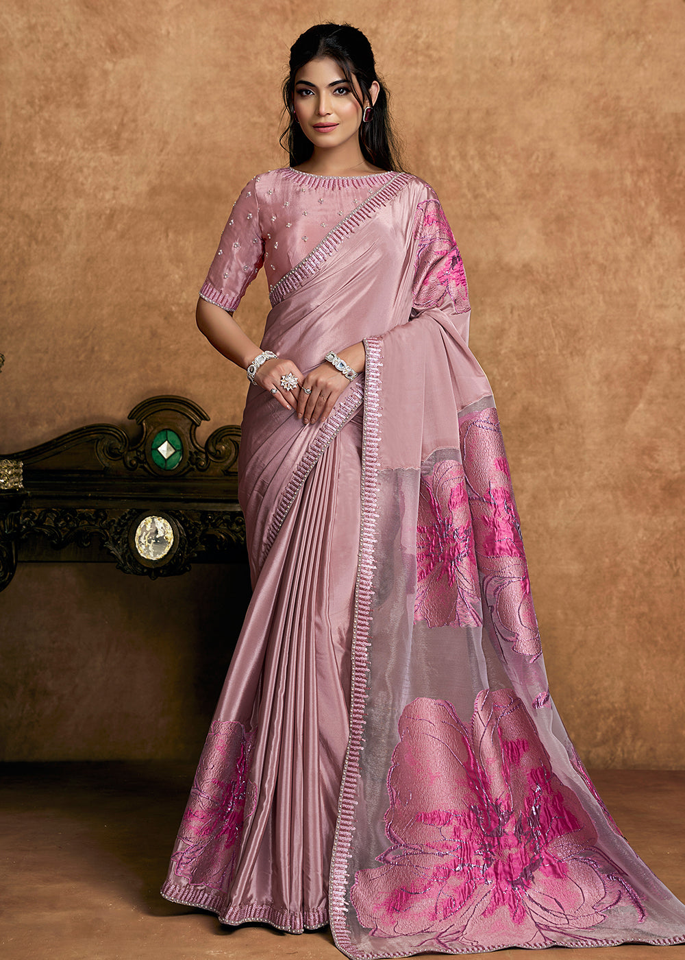 Buy Now Dusty Pink Embroidered Wedding Festive Wear Saree Online in US, UK, Canada, France, Germany, Denmark, Netherland, Sweden, UAE & Worldwide at Empress.
