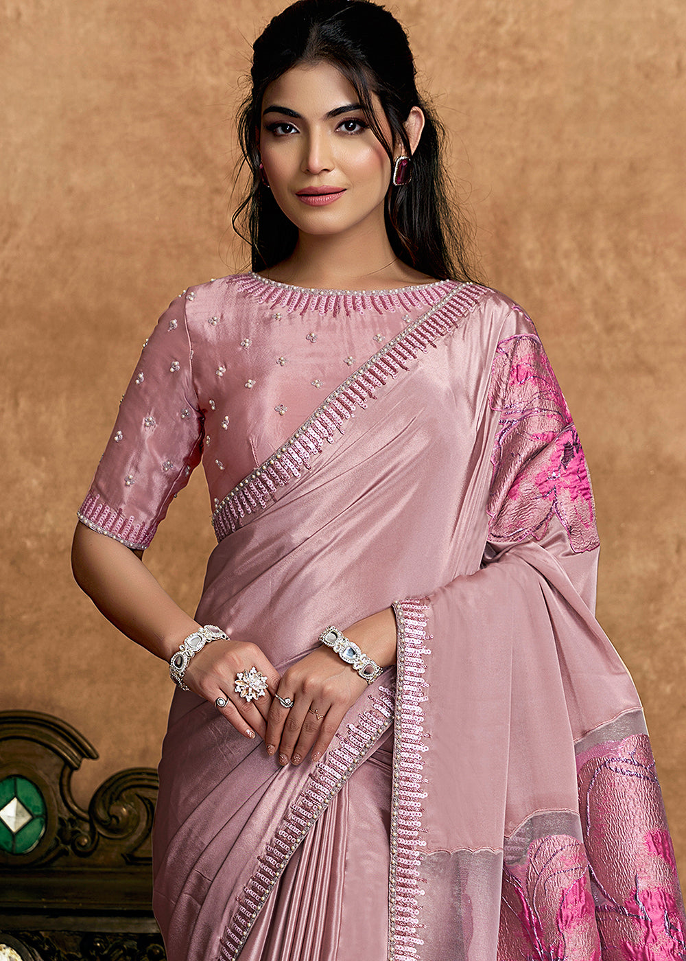 Buy Now Dusty Pink Embroidered Wedding Festive Wear Saree Online in US, UK, Canada, France, Germany, Denmark, Netherland, Sweden, UAE & Worldwide at Empress.