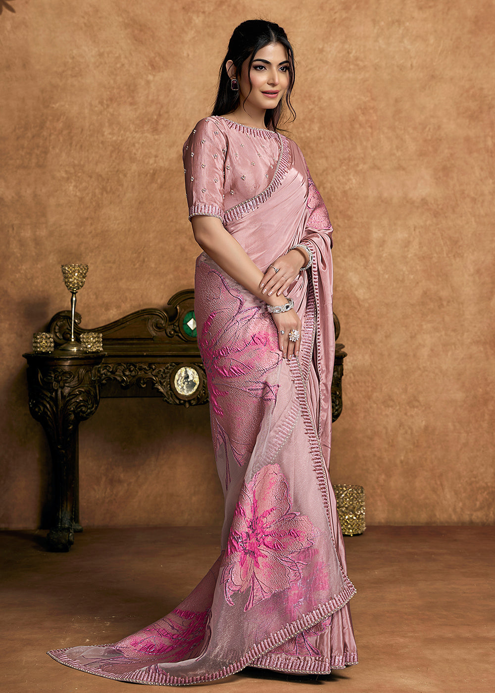 Buy Now Dusty Pink Embroidered Wedding Festive Wear Saree Online in US, UK, Canada, France, Germany, Denmark, Netherland, Sweden, UAE & Worldwide at Empress.