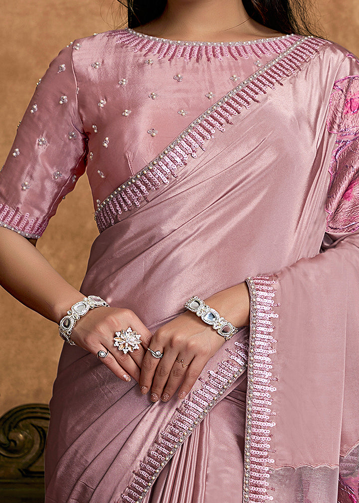 Buy Now Dusty Pink Embroidered Wedding Festive Wear Saree Online in US, UK, Canada, France, Germany, Denmark, Netherland, Sweden, UAE & Worldwide at Empress.