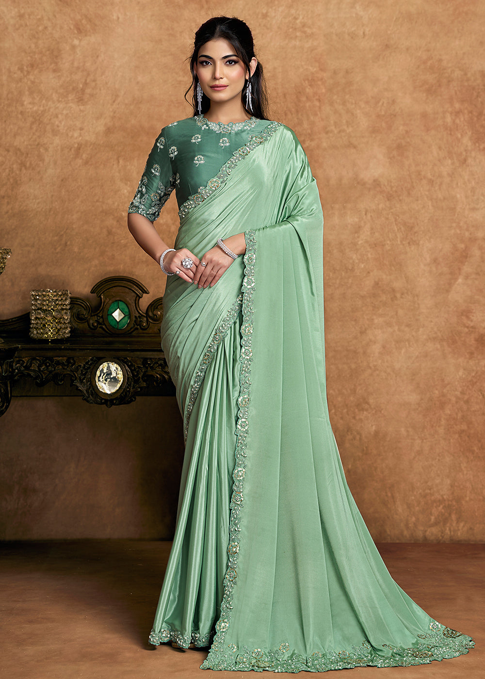 Buy Now Pastel Green Embroidered Wedding Festive Wear Saree Online in US, UK, Canada, France, Germany, Denmark, Netherland, Sweden, UAE & Worldwide at Empress.