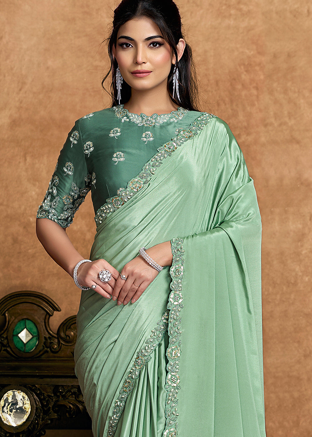 Buy Now Pastel Green Embroidered Wedding Festive Wear Saree Online in US, UK, Canada, France, Germany, Denmark, Netherland, Sweden, UAE & Worldwide at Empress.
