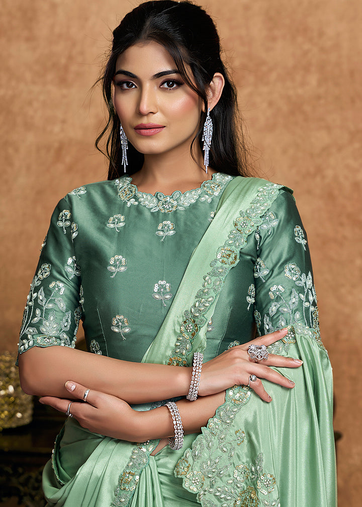 Buy Now Pastel Green Embroidered Wedding Festive Wear Saree Online in US, UK, Canada, France, Germany, Denmark, Netherland, Sweden, UAE & Worldwide at Empress.