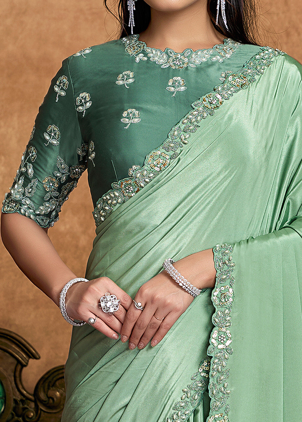 Buy Now Pastel Green Embroidered Wedding Festive Wear Saree Online in US, UK, Canada, France, Germany, Denmark, Netherland, Sweden, UAE & Worldwide at Empress.