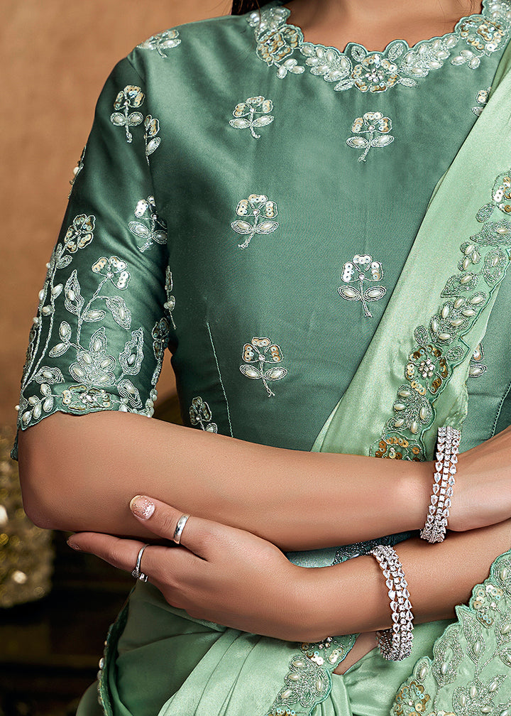 Buy Now Pastel Green Embroidered Wedding Festive Wear Saree Online in US, UK, Canada, France, Germany, Denmark, Netherland, Sweden, UAE & Worldwide at Empress.