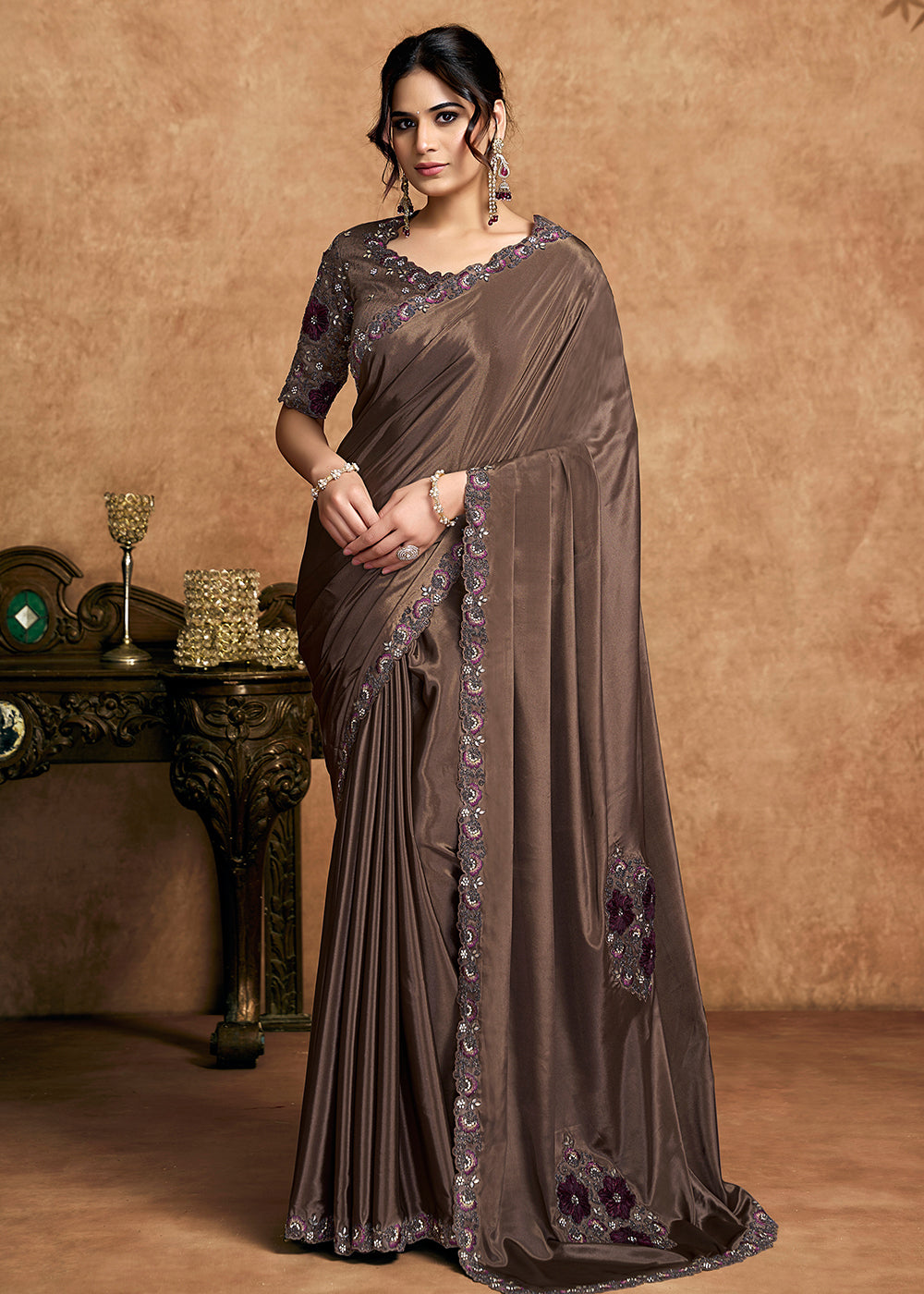 Buy Now Coffee Brown Embroidered Wedding Festive Wear Saree Online in US, UK, Canada, France, Germany, Denmark, Netherland, Sweden, UAE & Worldwide at Empress.
