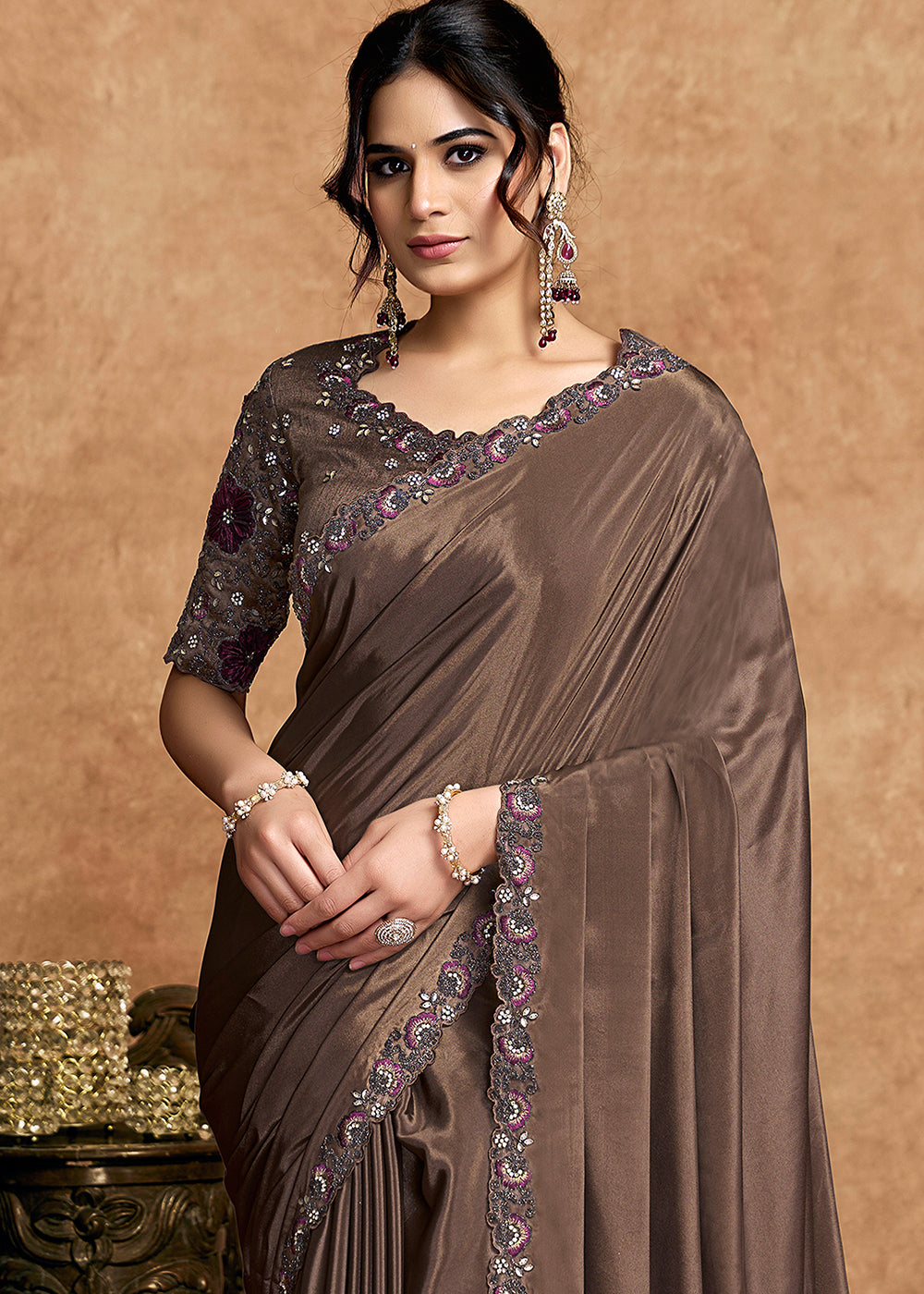 Buy Now Coffee Brown Embroidered Wedding Festive Wear Saree Online in US, UK, Canada, France, Germany, Denmark, Netherland, Sweden, UAE & Worldwide at Empress.