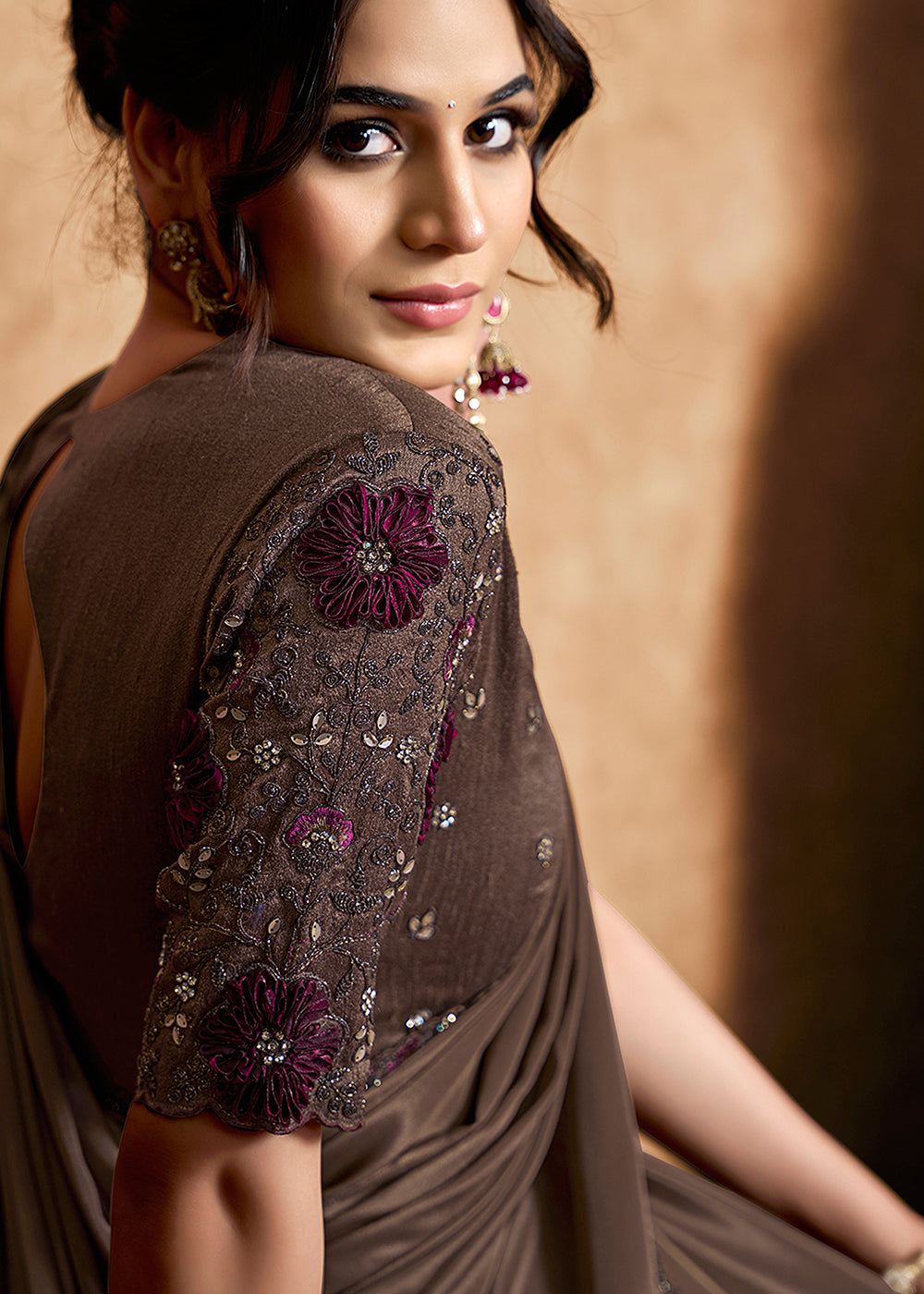 Buy Now Coffee Brown Embroidered Wedding Festive Wear Saree Online in US, UK, Canada, France, Germany, Denmark, Netherland, Sweden, UAE & Worldwide at Empress.
