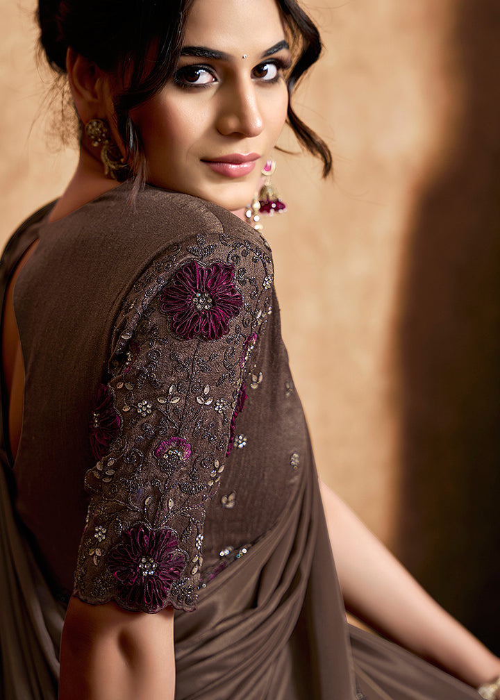 Buy Now Coffee Brown Embroidered Wedding Festive Wear Saree Online in US, UK, Canada, France, Germany, Denmark, Netherland, Sweden, UAE & Worldwide at Empress.