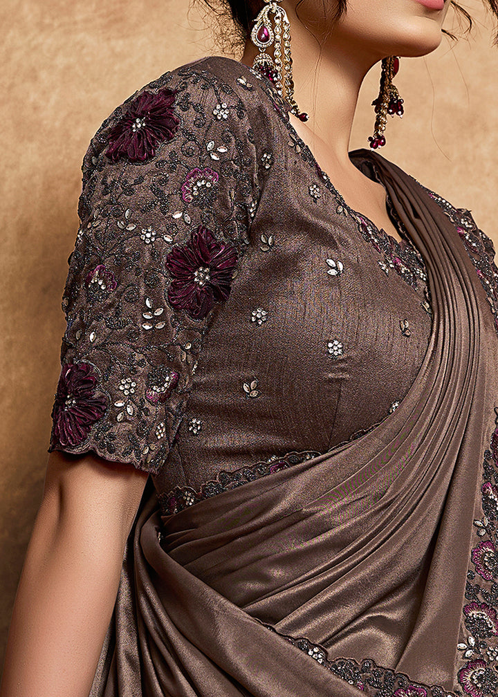 Buy Now Coffee Brown Embroidered Wedding Festive Wear Saree Online in US, UK, Canada, France, Germany, Denmark, Netherland, Sweden, UAE & Worldwide at Empress.
