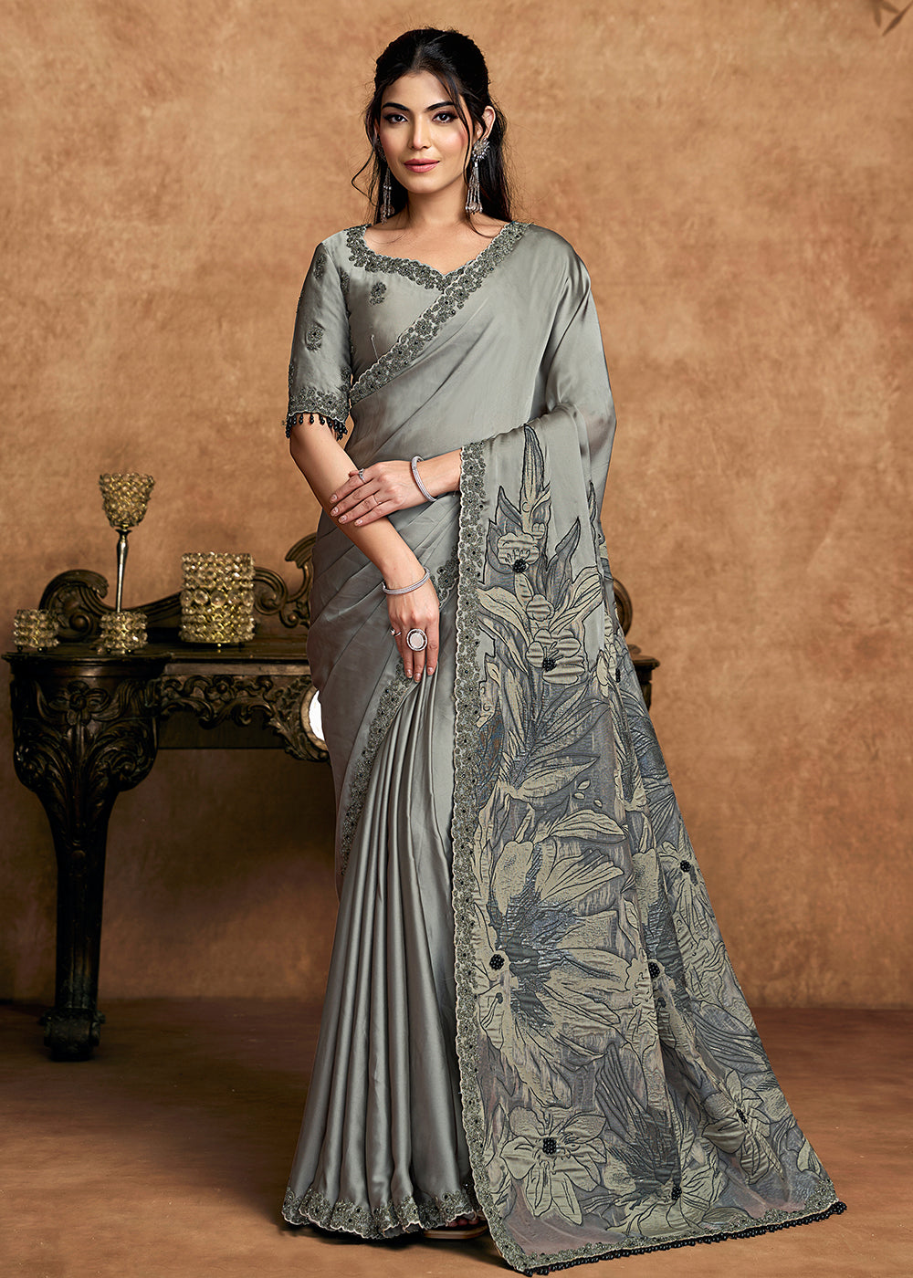 Buy Now Smoke Grey Embroidered Wedding Festive Wear Saree Online in US, UK, Canada, France, Germany, Denmark, Netherland, Sweden, UAE & Worldwide at Empress.